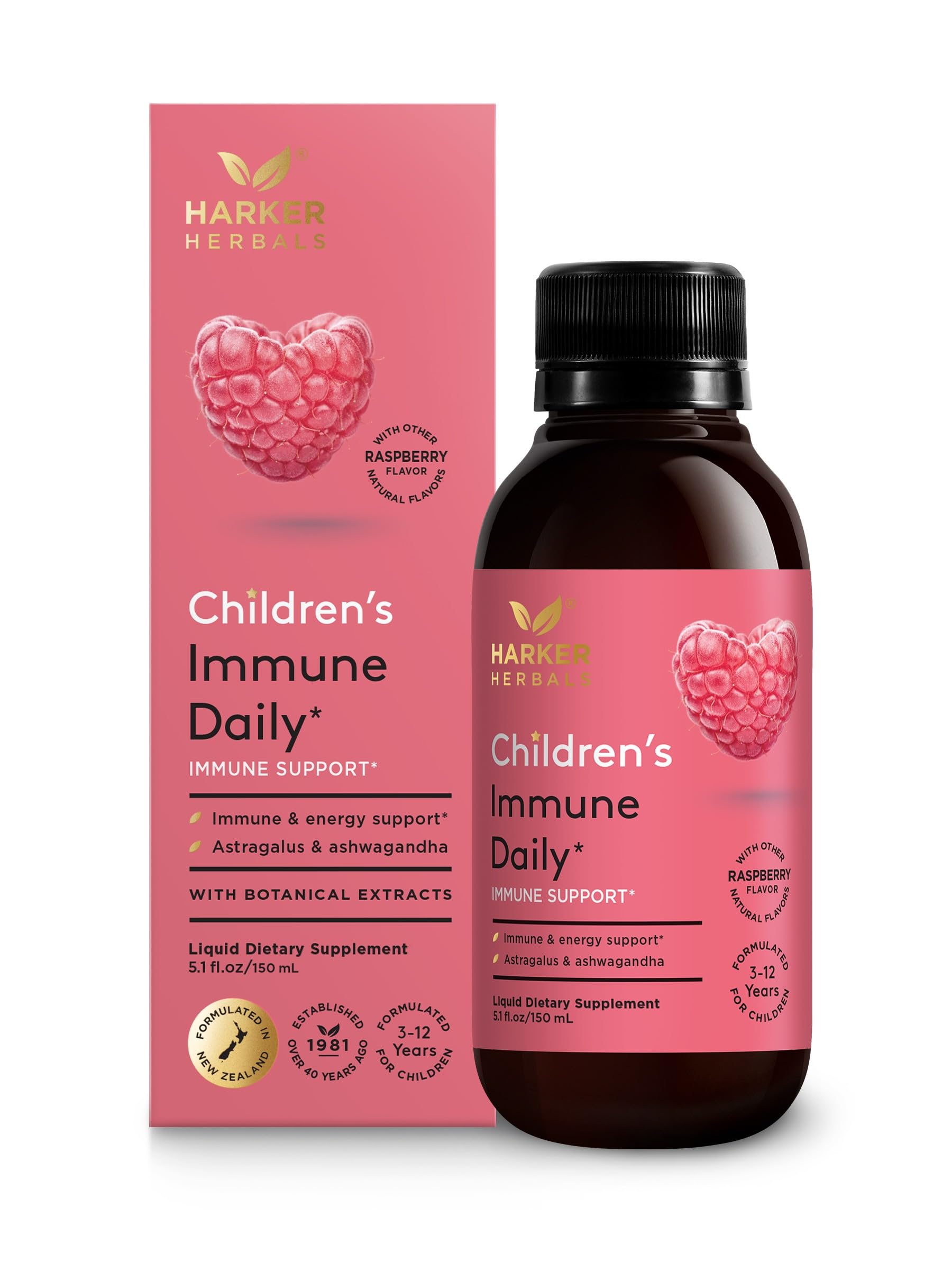 Harker Herbals Children's Immune Daily Syrup bottle showing kid-friendly raspberry flavor for daily use