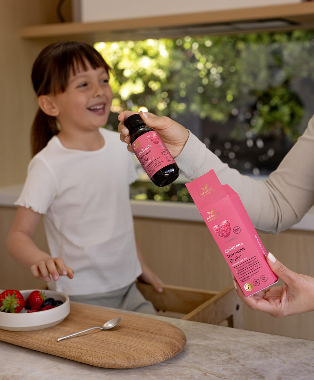 Harker Herbals syrup dropper close-up for precise age-appropriate dosing