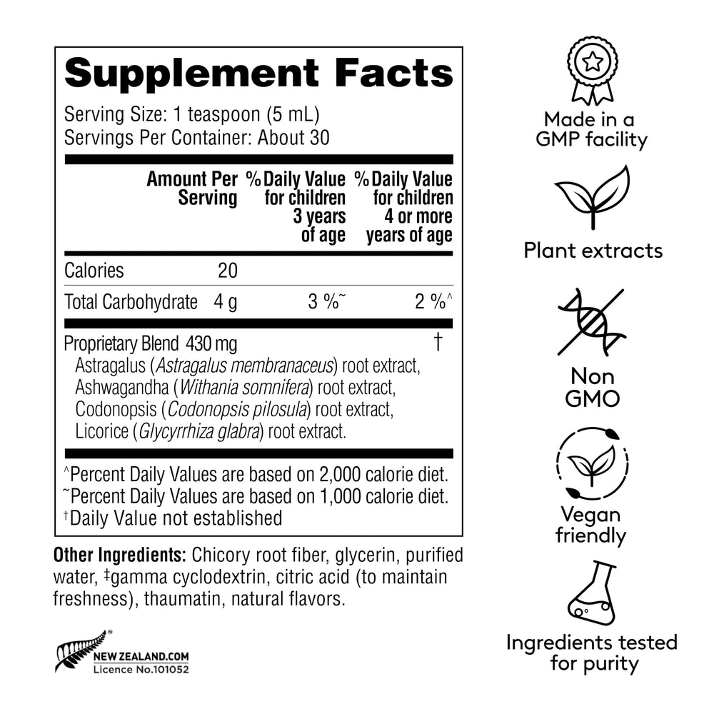 Harker Herbals syrup pour in a glass highlighting a raspberry flavor and easy dosing