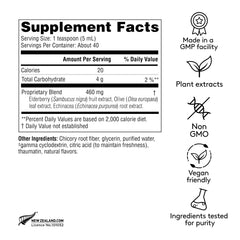 Harker Herbals elderberry, echinacea, and olive leaf ingredients in the bottle.