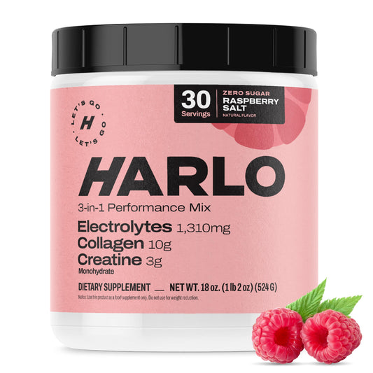 Harlo 3-in-1 electrolytes tub for high-sodium hydration during intense workouts.