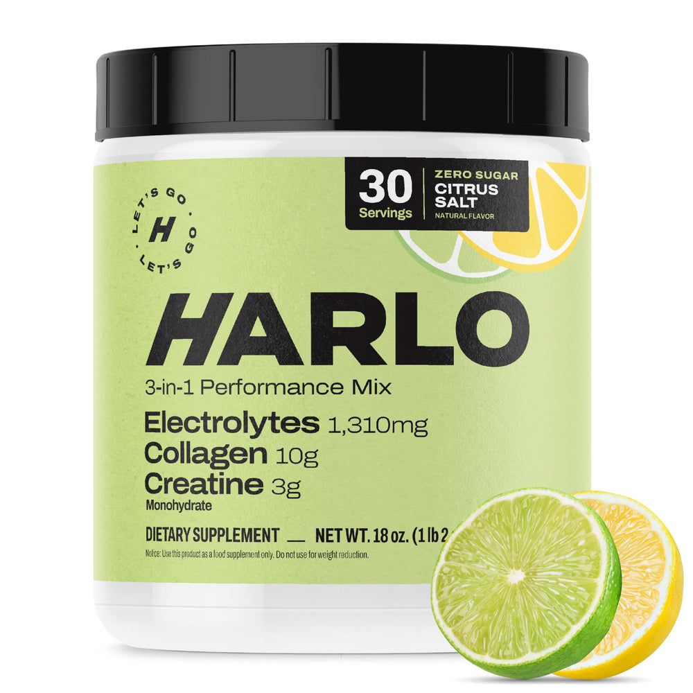 Harlo 3-in-1 electrolytes powder citrus bottle front for hydration during workouts