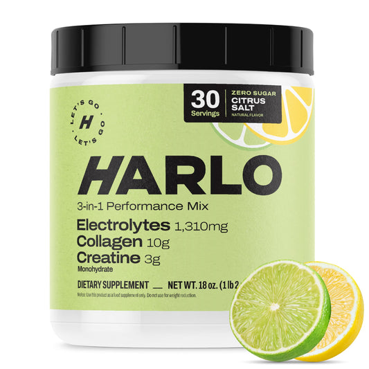 Harlo 3-in-1 electrolytes powder citrus bottle front for hydration during workouts