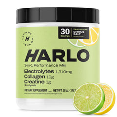 Harlo 3-in-1 electrolytes powder citrus bottle front for hydration during workouts