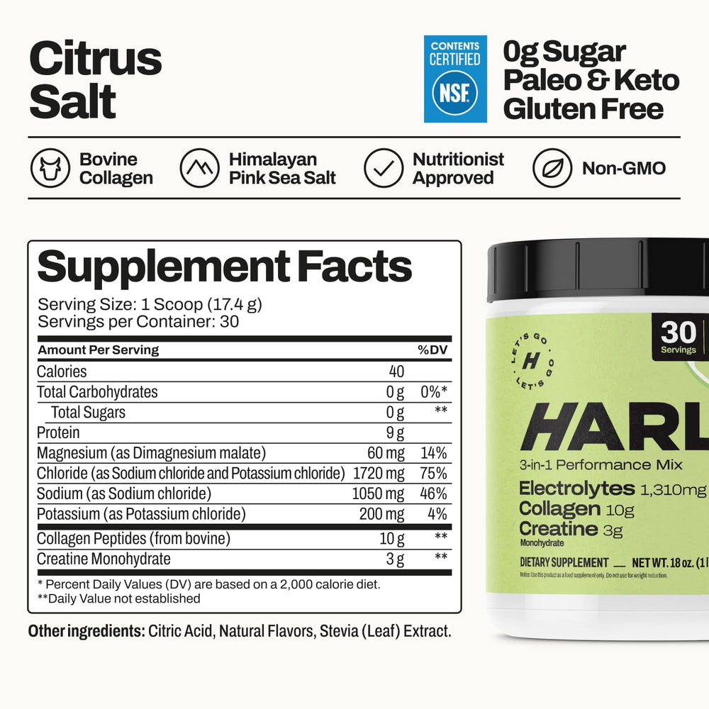 Harlo 3-in-1 electrolytes powder NSF badge image validates certification