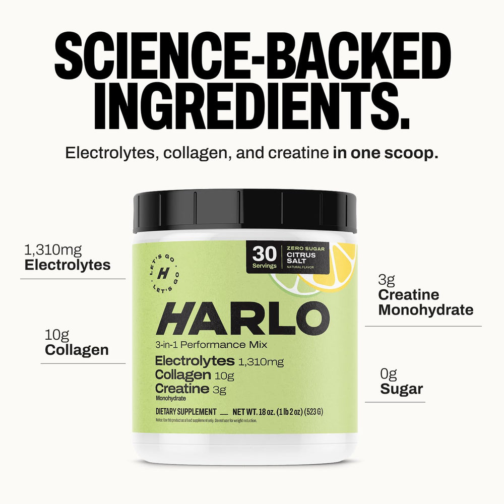 Harlo 3-in-1 electrolytes powder pouring into glass for refreshing citrus flavor