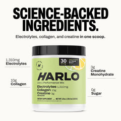 Harlo 3-in-1 electrolytes powder pouring into glass for refreshing citrus flavor