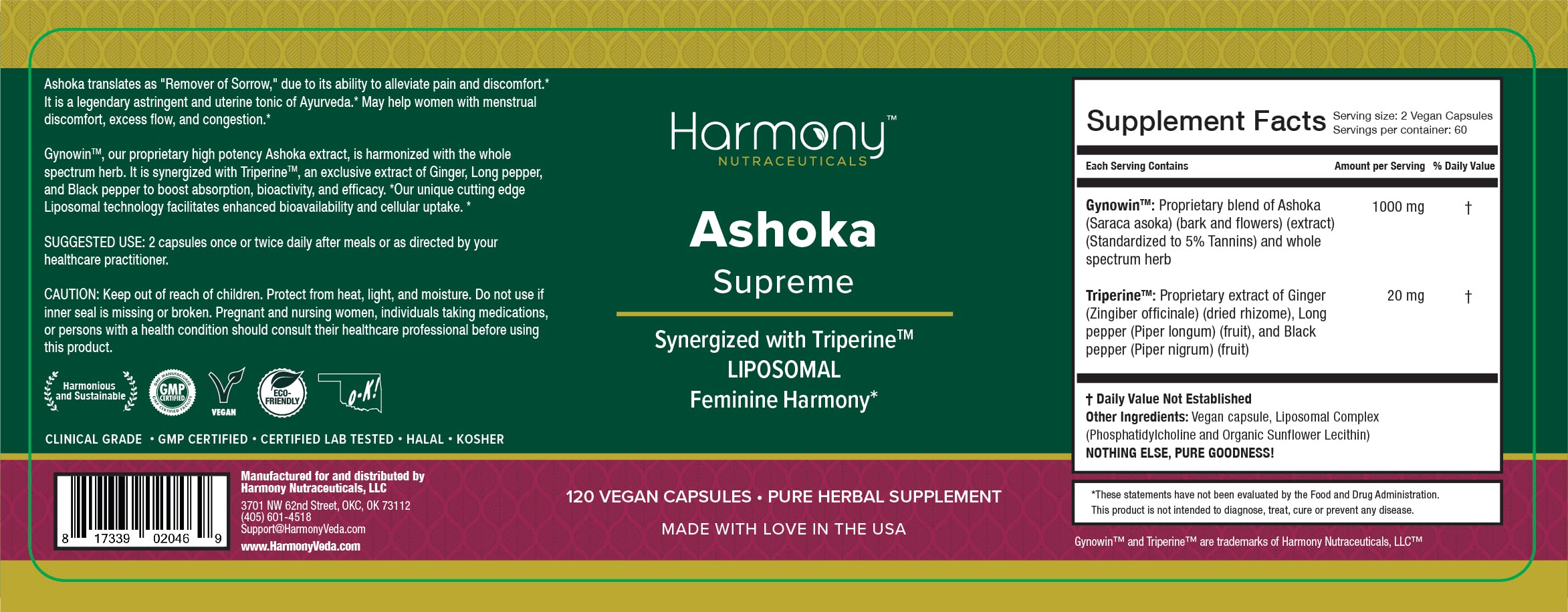 Harmony Nutraceuticals Ashoka Supreme extract ingredients list highlights Shokowin and Triperine