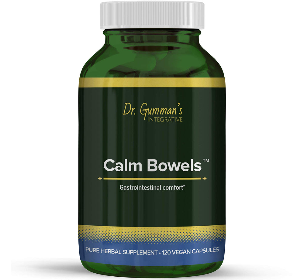 Harmony Nutraceuticals Calm Bowels bottle front with 120 vegan capsules for GI comfort.