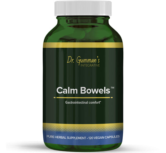 Harmony Nutraceuticals Calm Bowels bottle front with 120 vegan capsules for GI comfort.