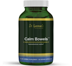 Harmony Nutraceuticals Calm Bowels bottle front with 120 vegan capsules for GI comfort.