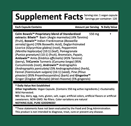 Closeup of Harmony Nutraceuticals Calm Bowels capsules showing vegan format.