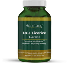 Harmony Nutraceuticals DGL Licorice Supreme bottle showing premium vegan capsules for digestive support.