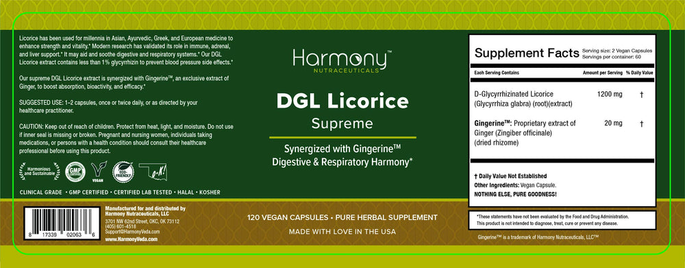 Harmony Nutraceuticals DGL Licorice Supreme capsules for daily digestive comfort.