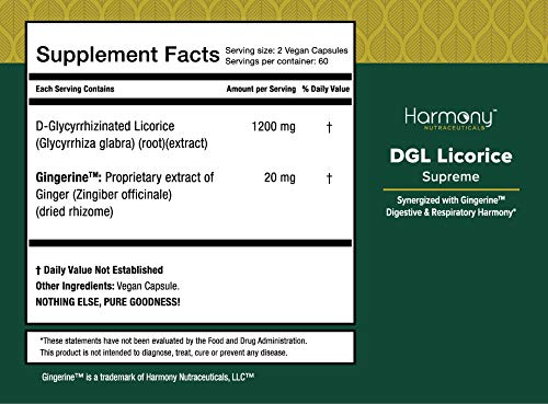 Harmony Nutraceuticals packaging highlights vegan DGL Licorice with high-potency, clinically graded quality for consistent daily use.