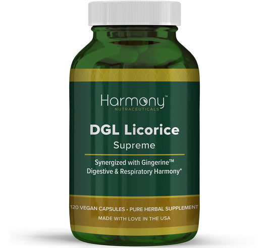 Harmony Nutraceuticals DGL Regaliz Supremo, botella frontal, soporte digestivo suave.