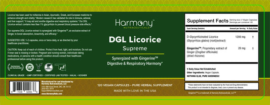 Harmony Nutraceuticals DGL Regaliz Supremo, cápsulas cercanas, formato vegano práctico para uso diario.