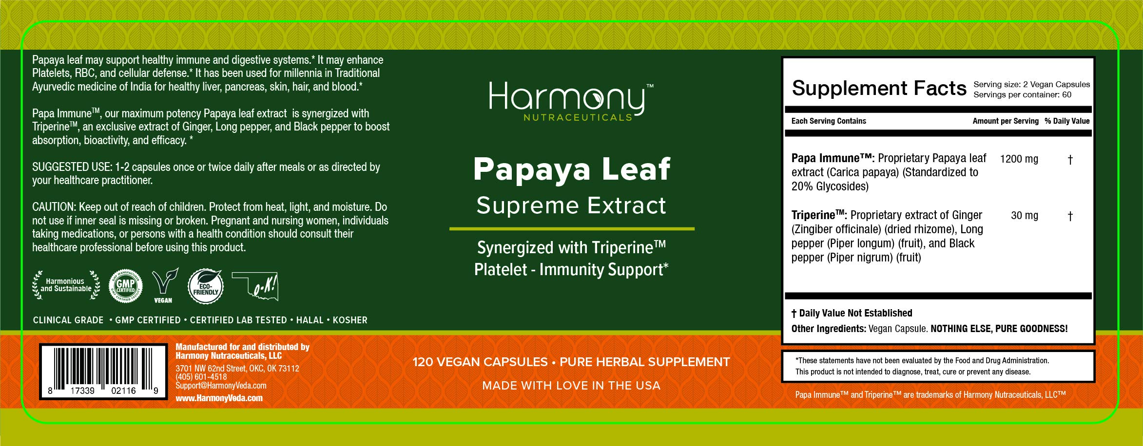Harmony Nutraceuticals Papaya Leaf Supreme vegetarian capsules for daily use.