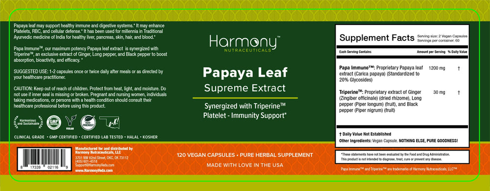 Harmony Nutraceuticals Papaya Leaf Supreme vegetarian capsules for daily use.