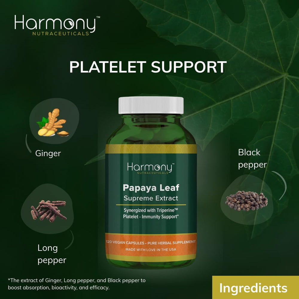 Harmony Nutraceuticals Papaya Leaf Supreme capsules for convenient daily wellness.