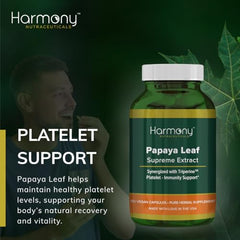 Harmony Nutraceuticals Papaya Leaf Supreme Triperine label highlights enhanced absorption.
