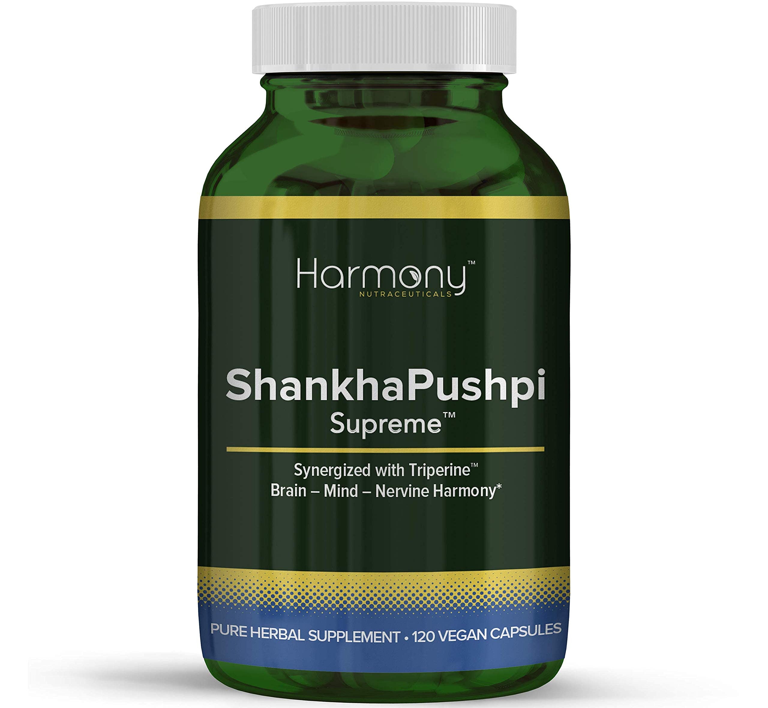Harmony Nutraceuticals ShankhPushpi Supreme bottle supports focus and calm cognitive wellness.