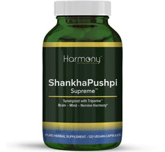Harmony Nutraceuticals ShankhPushpi Supreme bottle supports focus and calm cognitive wellness.