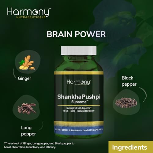 ShankhPushpi Supreme capsules closeup highlighting vegan, filler-free brain support.