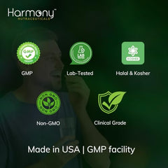 Harmony Nutraceuticals ShankhPushpi Supreme label detail emphasizes GMP and USA manufacturing.