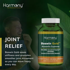 Harmony Nutraceuticals Boswin Gold Liposomal capsules ready to take as part of daily wellness.