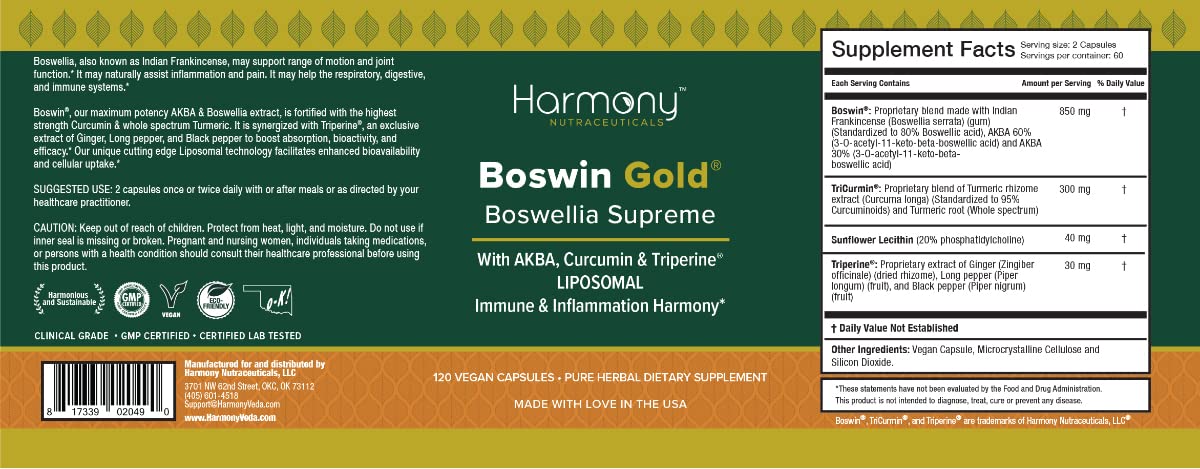 Harmony Nutraceuticals Boswin Gold Liposomal Triperine close-up illustrates absorption-boosting companions.