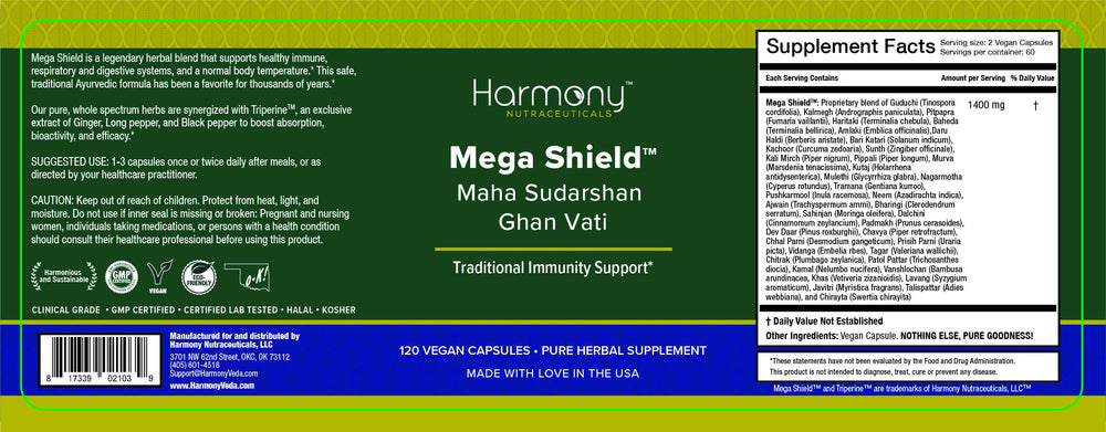 Harmony Nutraceuticals Mega Shield 120 capsules packaging highlighting value and purity