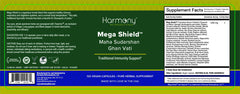 Harmony Nutraceuticals Mega Shield 120 capsules packaging highlighting value and purity