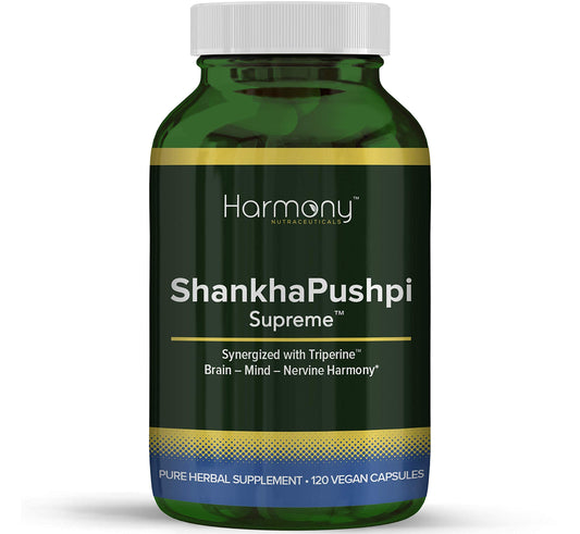 Harmony Nutraceuticals ShankhPushpi Supreme bottle showing capsule counts for daily cognitive support