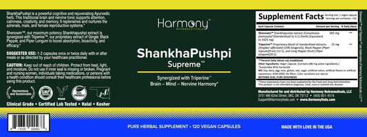 Harmony Nutraceuticals ShankhPushpi Supreme capsules closeup highlighting vegan formulation