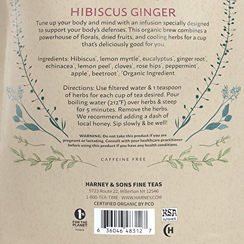 Harney & Sons Organic Hibiscus Ginger Tune-Up ingredients closeup suggests soothing, flavorful infusion.