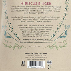 Harney & Sons Organic Hibiscus Ginger Tune-Up ingredients closeup suggests soothing, flavorful infusion.