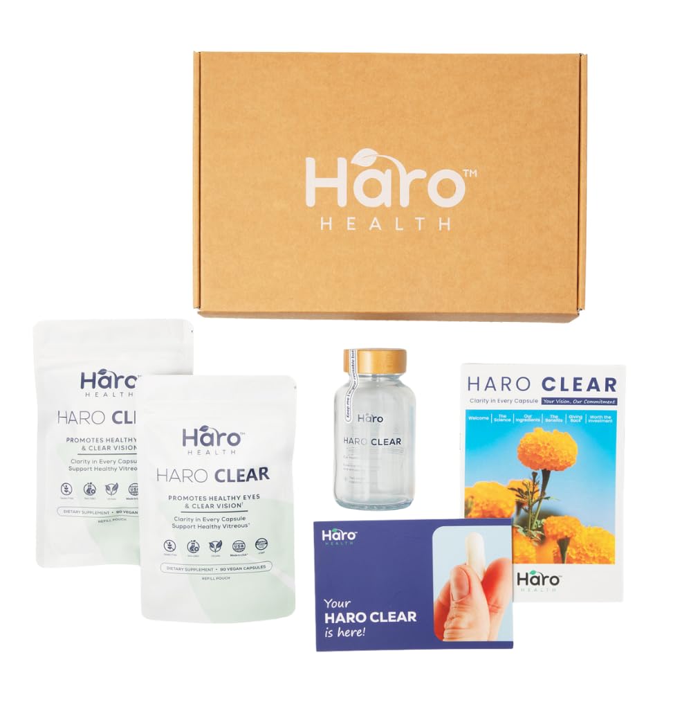 Haro Clear Starter Kit bottle label highlighting lutein and zeaxanthin for eye health support.
