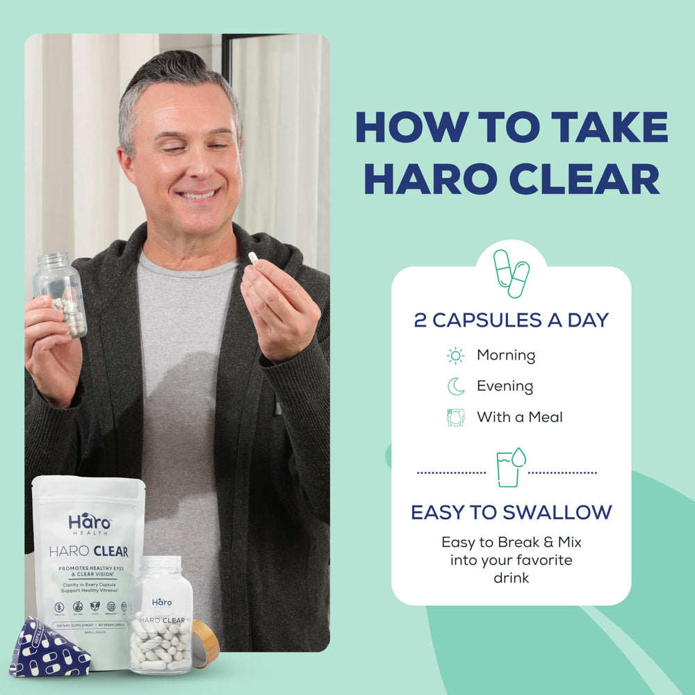 Haro Health dry eye support capsules offering comfort during long workdays.