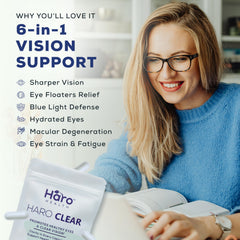 Haro Health eye vitamins closeup on a table for daily eye health.