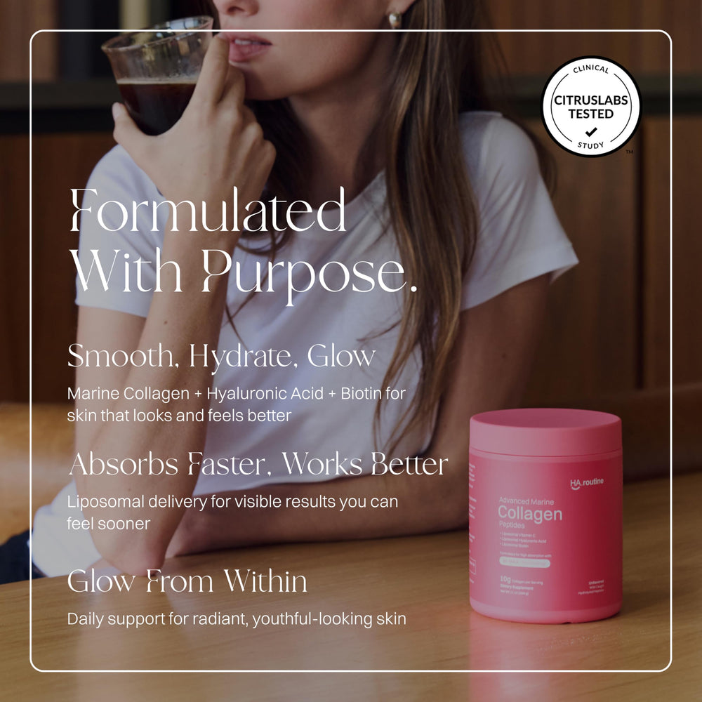 Haroutine Advanced Marine Collagen powder being poured into a glass for daily use.