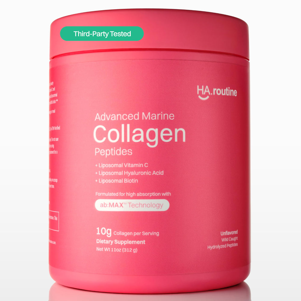 Haroutine Advanced Marine Collagen tub label highlights liposomal vitamin C for enhanced absorption.