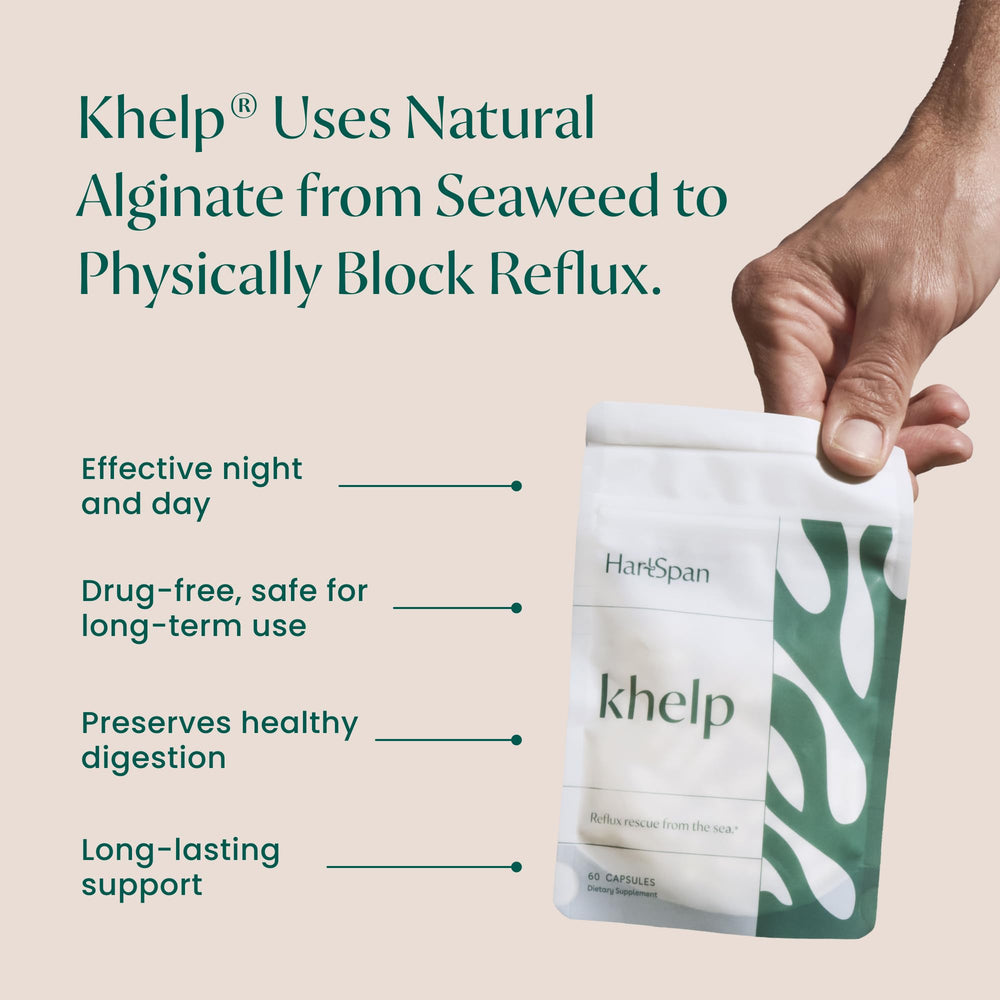 HartSpan Khelp capsules close-up showing vegan, dye-free formulation for daily use.