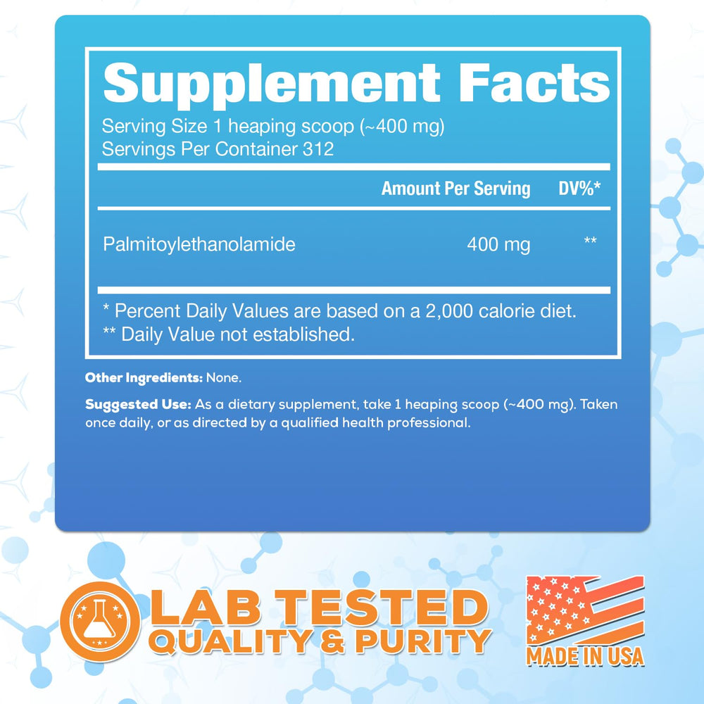 Harvest Naturals Palmitoylethanolamide powder scoop demonstrates precise 400 mg serving