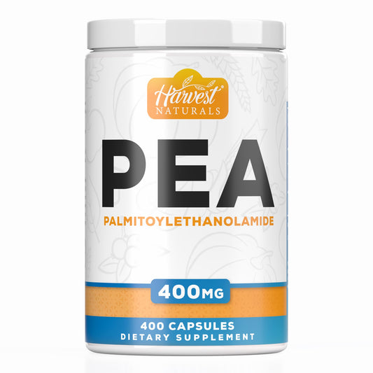 Harvest Naturals PEA capsules bottle with 400mg dosage for daily comfort.