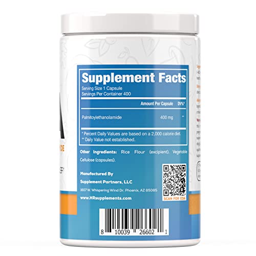 Closeup of Harvest Naturals PEA capsules label highlighting purity and potency.