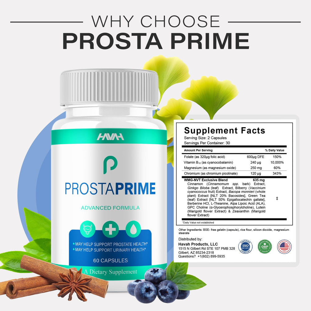 Havah ProstaPrime bottle back with supplement facts for informed daily use.
