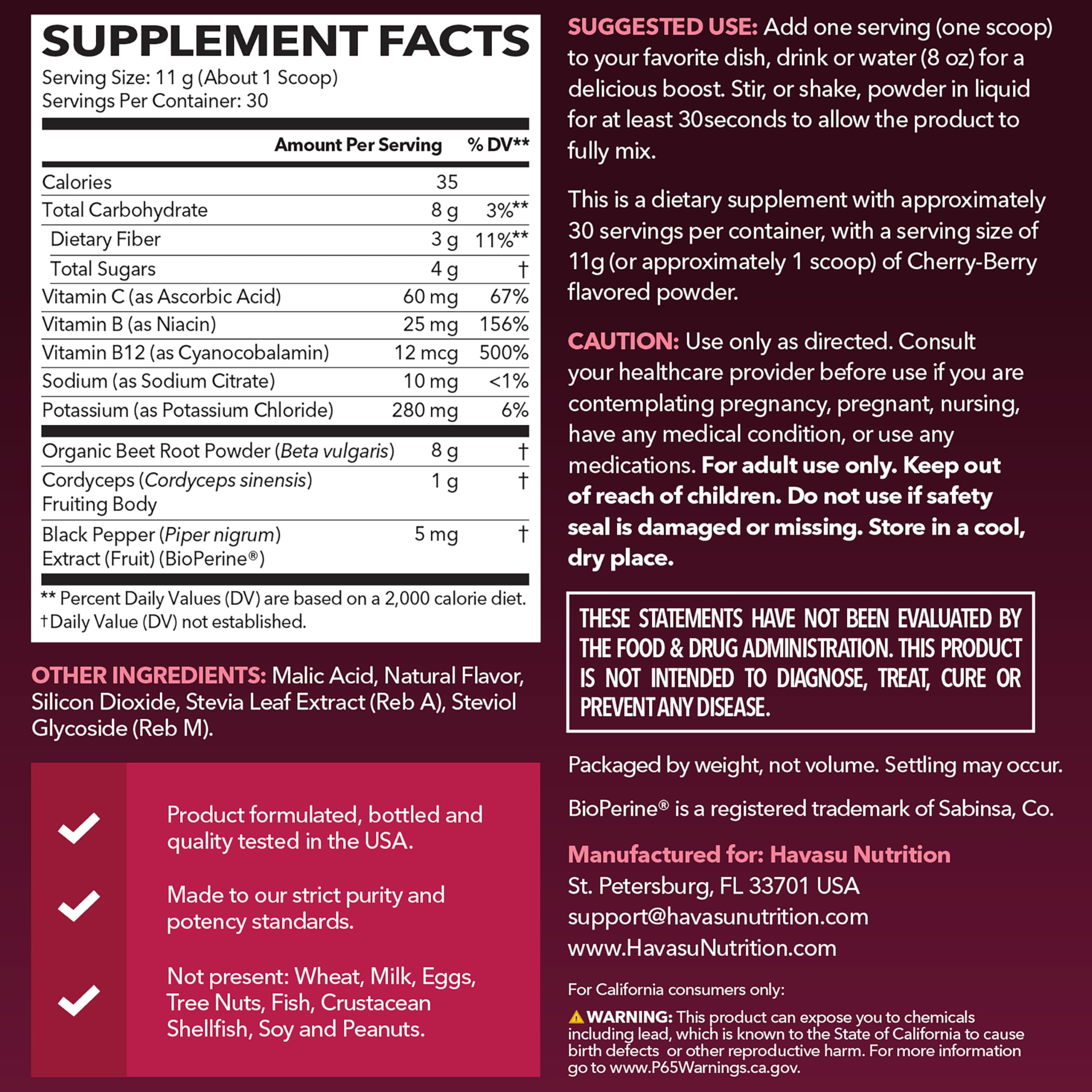 HAVASU NUTRITION beet root powder bottle close-up highlights quality standards.