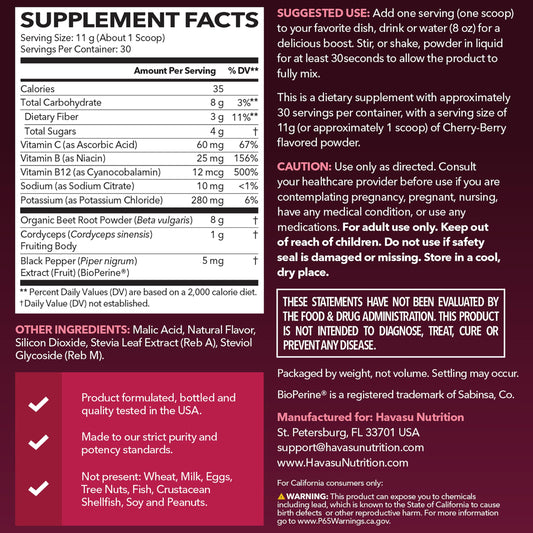 HAVASU NUTRITION beet root powder bottle close-up highlights quality standards.