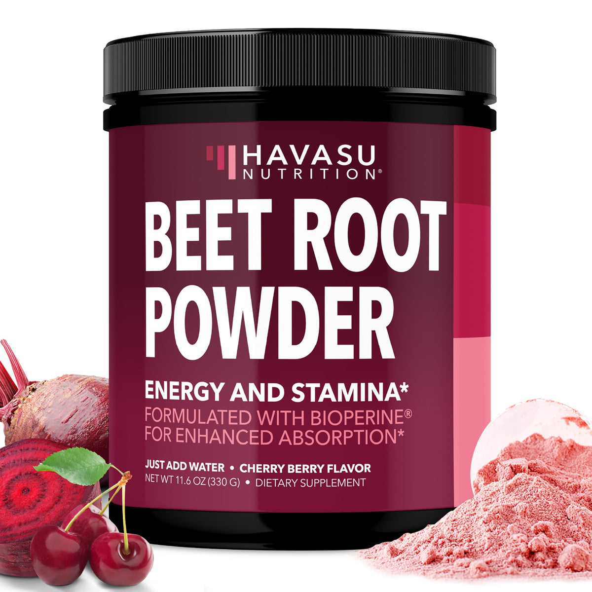 HAVASU NUTRITION beet root powder cherry berry pour for energy support.